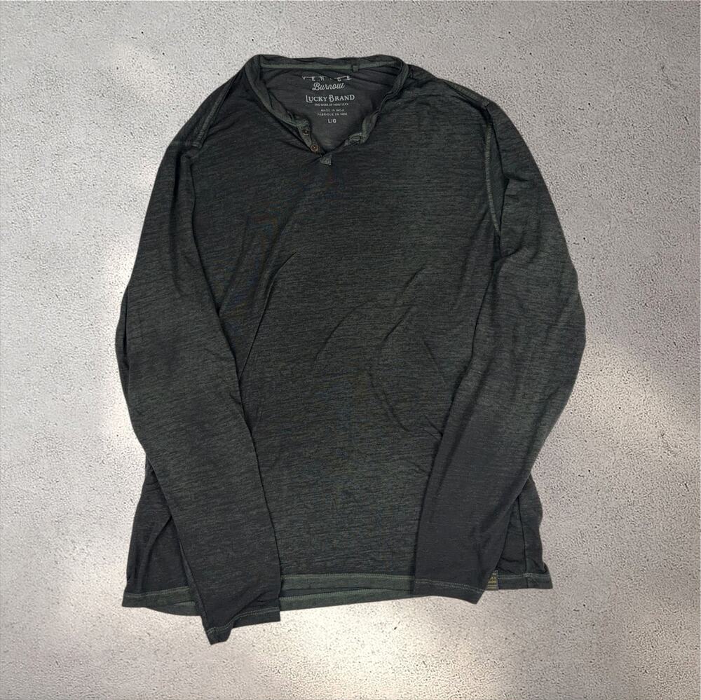 Lucky Brand Venice Burnout Henley Men's L Green Long Sleeve Heathered EUC